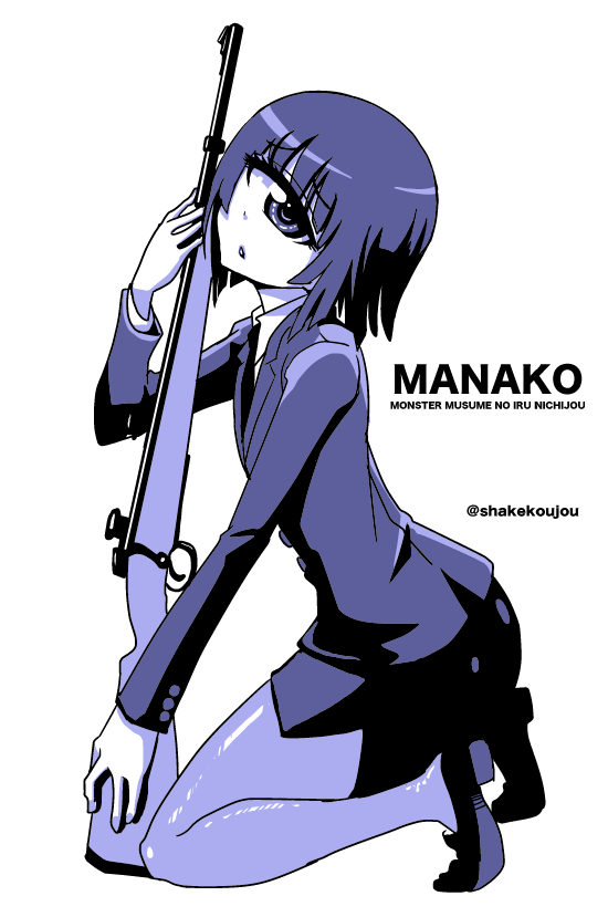 formal full_body gun kneeling looking_at_viewer manako monochrome monster_m...