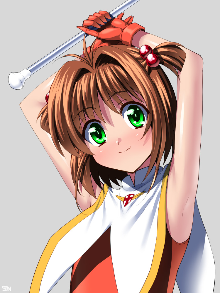 Safebooru 1girl Armpits Arms Up Blush Brown Hair Cardcaptor Sakura Cheerleader Green Eyes 