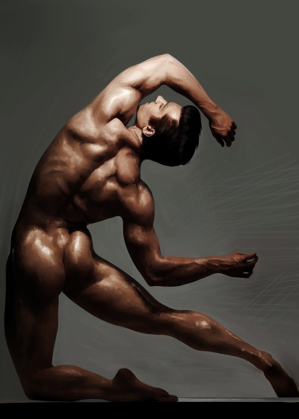 1boy ass black_hair from_behind highres male_focus muscle nude original pho...