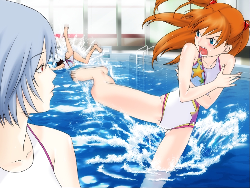 angry ayanami_rei barefoot blue_eyes blue_hair casual_one-piece_swimsuit ik...