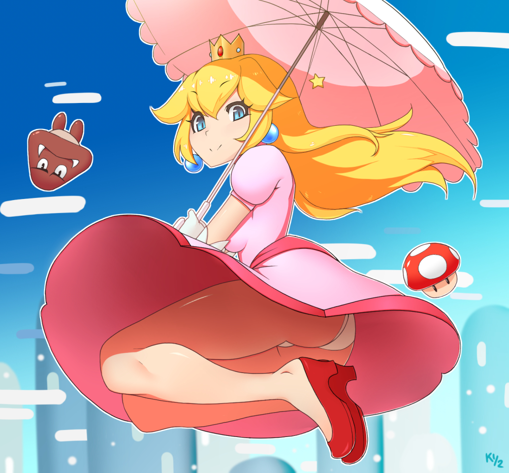 mushroom panties pantyshot parasol pink_dress princess_peach super_mario_br...