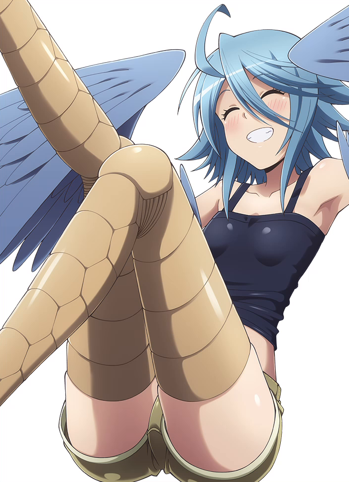 bird_legs blue_hair blush clouds feathers harpy monster_girl monster_musume_no_ir...