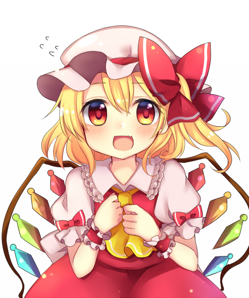 Safebooru 1girl D Blonde Hair Fang Flandre Scarlet Flying Sweatdrops Hat Mob Cap Open Mouth 6724