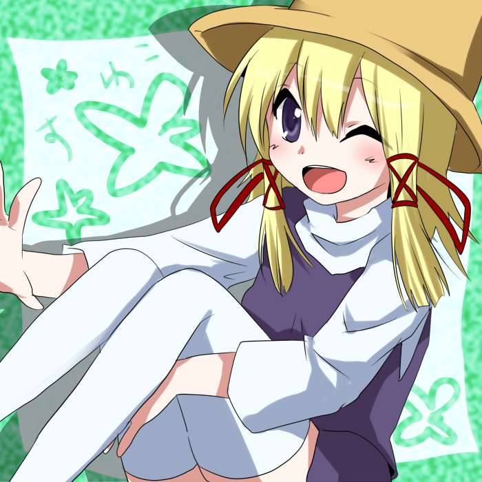 Safebooru - blonde hair blue eyes blush hair ribbon hat leg hug marimo ...