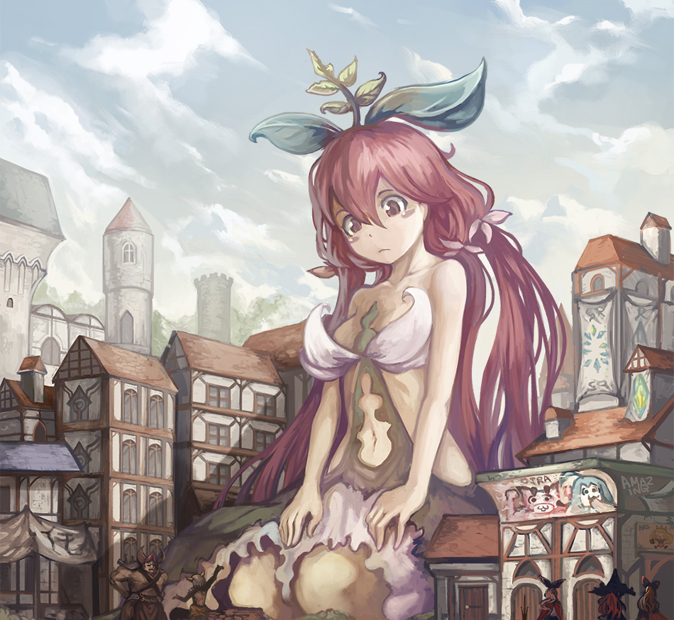 bare_shoulders blush_stickers building castle clouds frown giantess granblu...