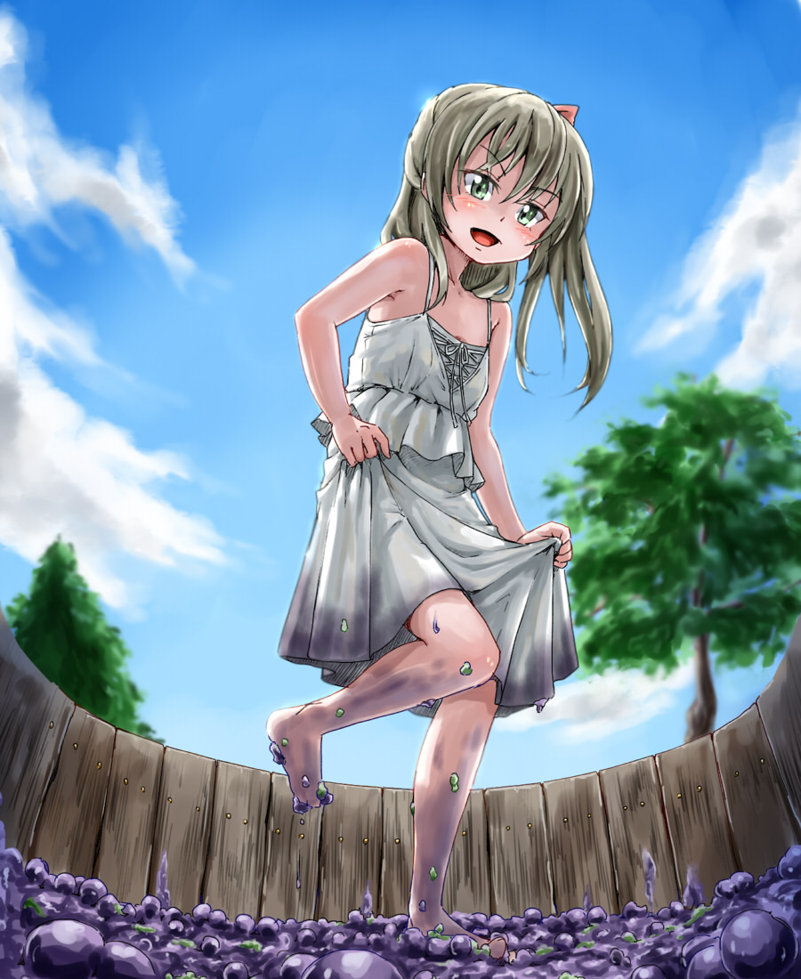 1girl bare_shoulders barefoot brown_hair clouds dirty_feet dress flat_chest...
