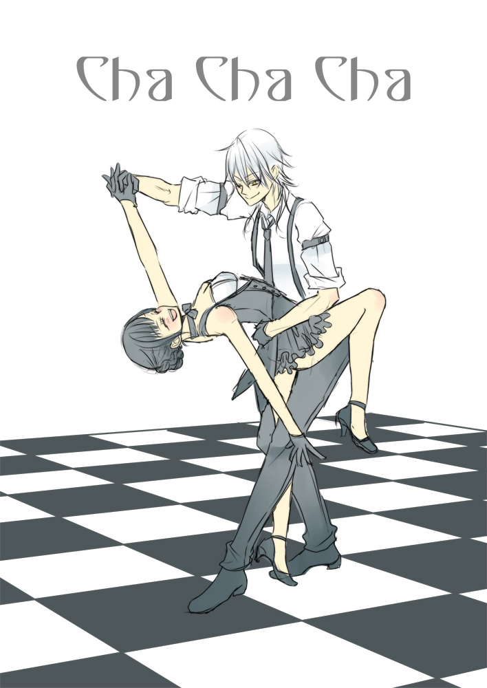 Safebooru 1boy 1girl Black Gloves Black Hair Checkered Checkered Floor Closed Eyes Dancing 0373