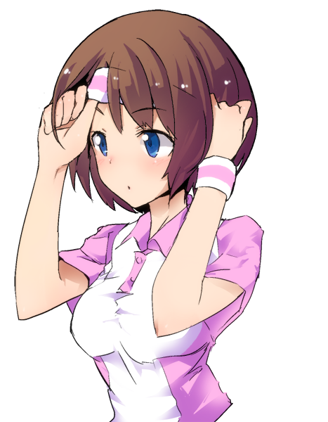 1girl :o adjusting_clothes arms_up blue_eyes blush breasts brown_hair butto...