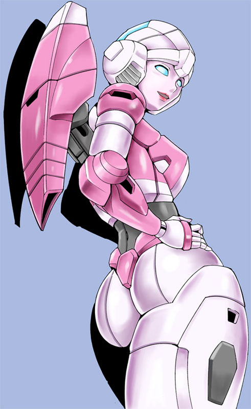 1girl 80s arcee ass autobot back blue_eyes breasts from_behind glowing kami...