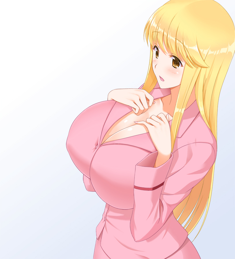 1girl akimoto_katherine_reiko blonde_hair blush breast_suppress breasts cle...