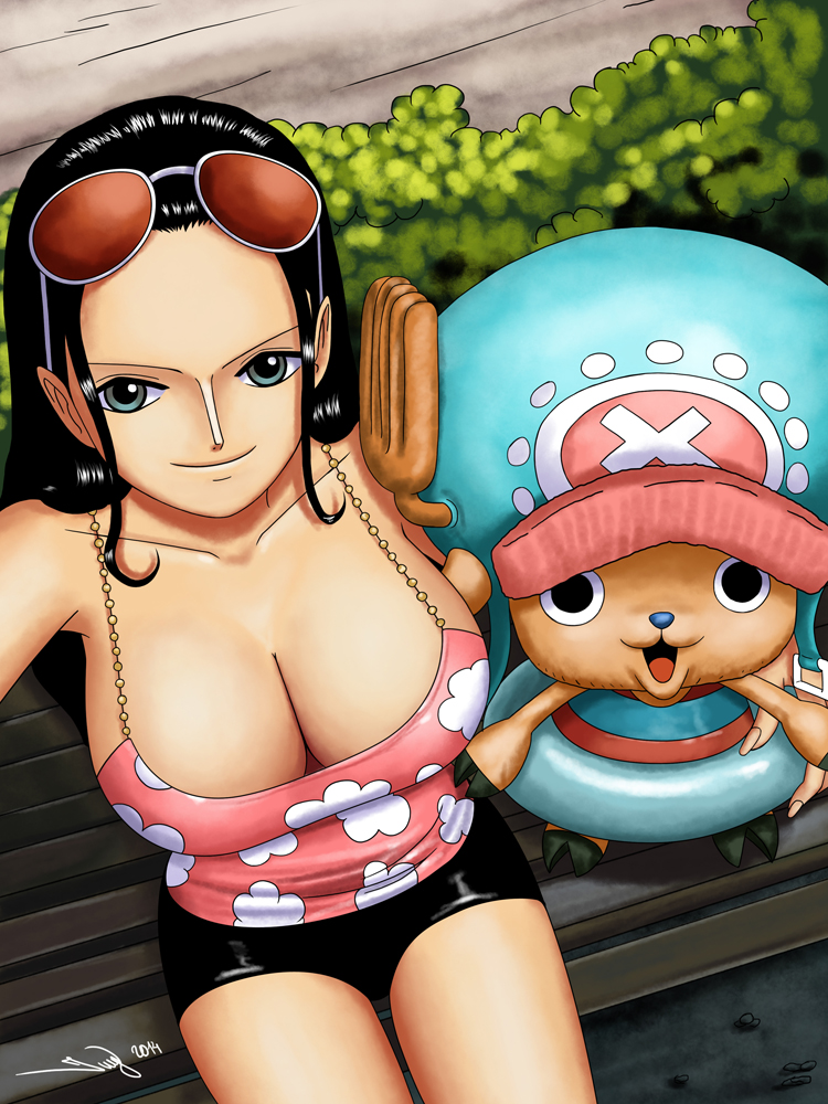 1boy 1girl bench breasts cleavage hat huge_breasts iury_padilha long_hair l...