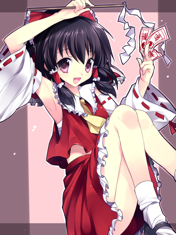 Safebooru Armpits Bad Id Black Hair Detached Sleeves Gohei Hakurei Reimu Kage Artist Ofuda 9281