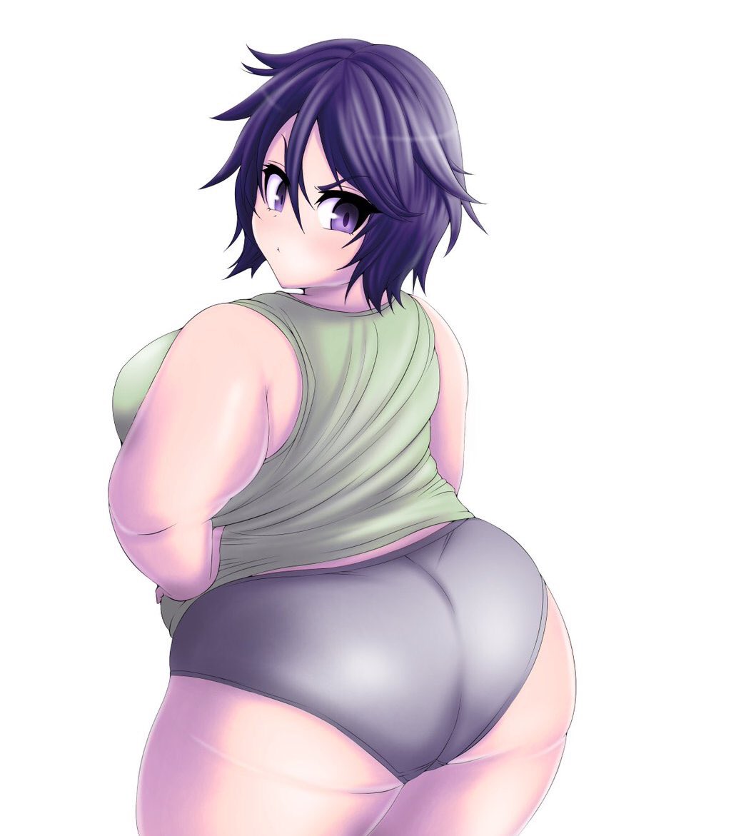 ...back bare_arms black_panties breasts camisole fat from_behind frown hand...
