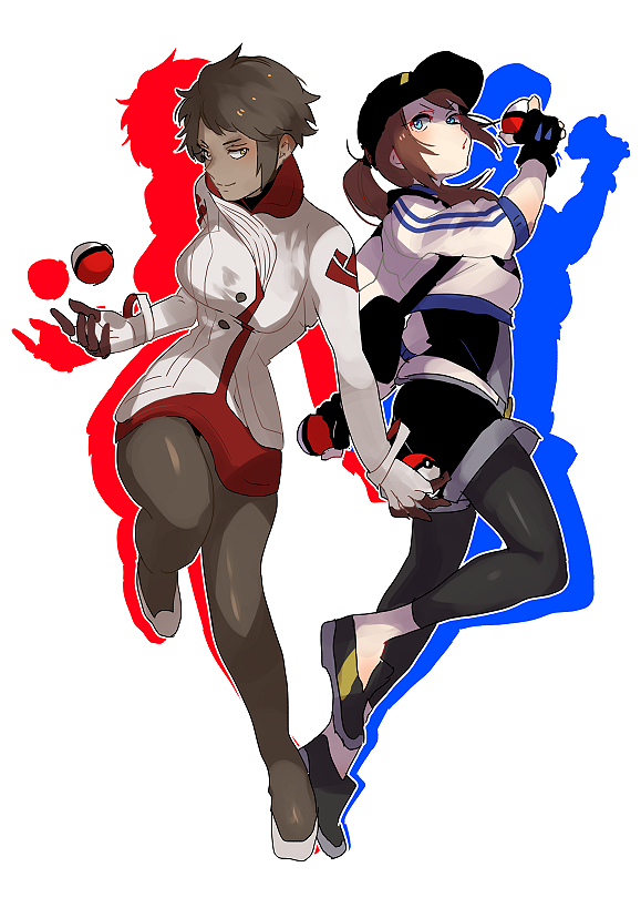 2girls baseball_cap brown_hair candela(pokemon) dark_skin female_protagonis...