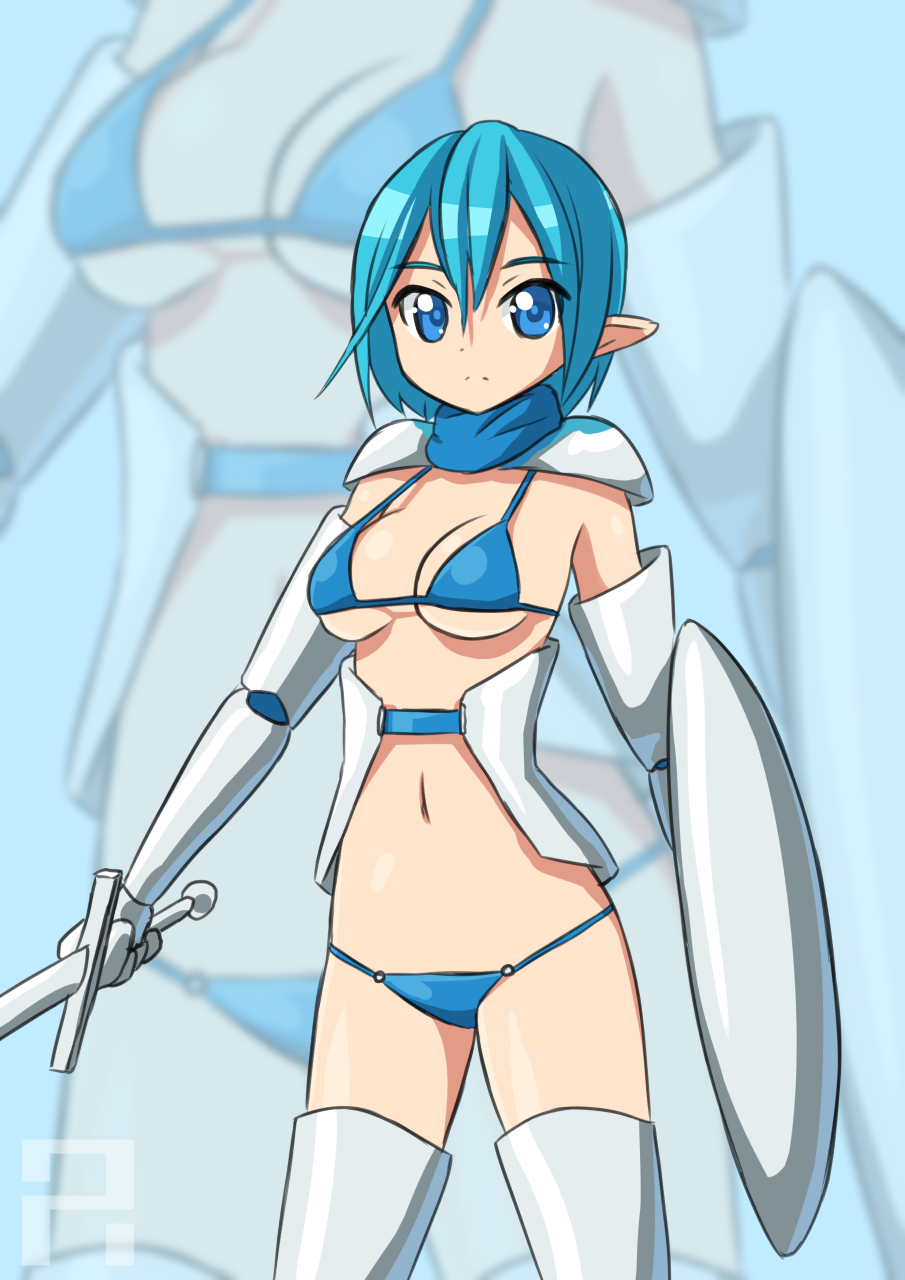 1girl aposine armlet armor bikini bikini_armor blue_eyes blue_hair elf gaun...
