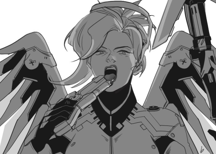 mechanical_wings mercy(overwatch) monochrome open_mouth overwatch ponytail ...