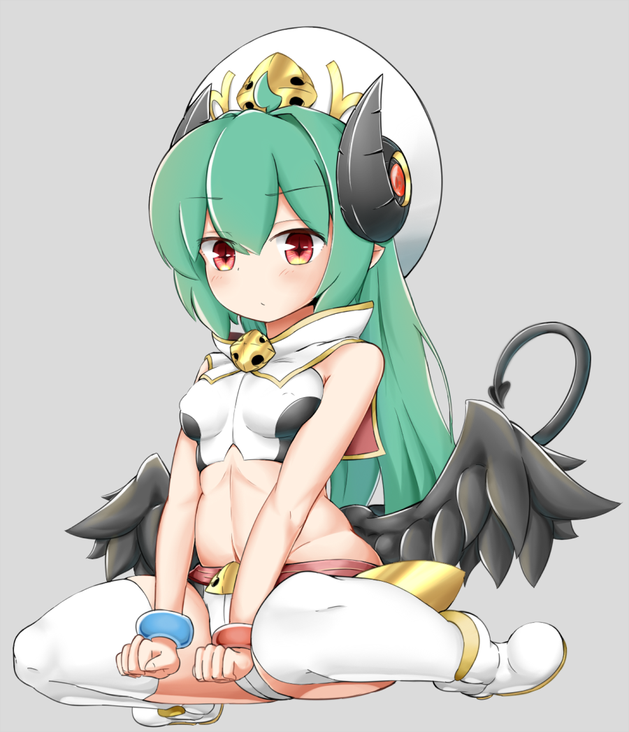 ...green_hair grey_background hat horns long_hair looking_at_viewer low_win...