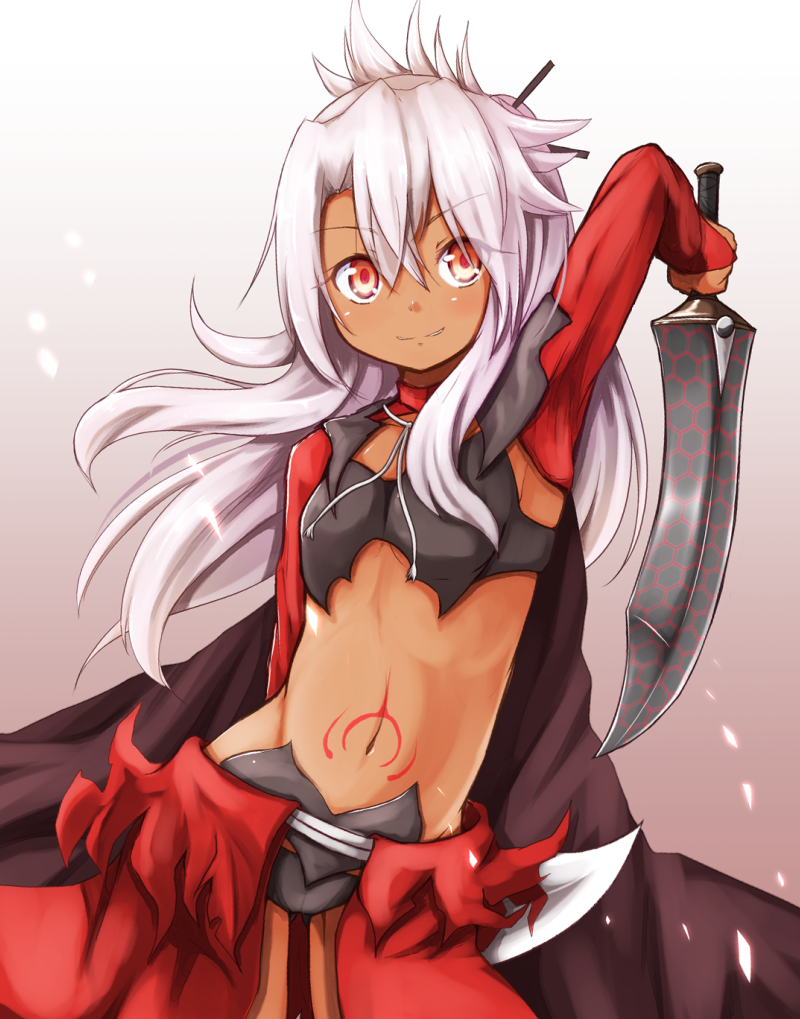 1girl armpits baram chloe_von_einzbern coat dark_skin dual_wielding fate(se...