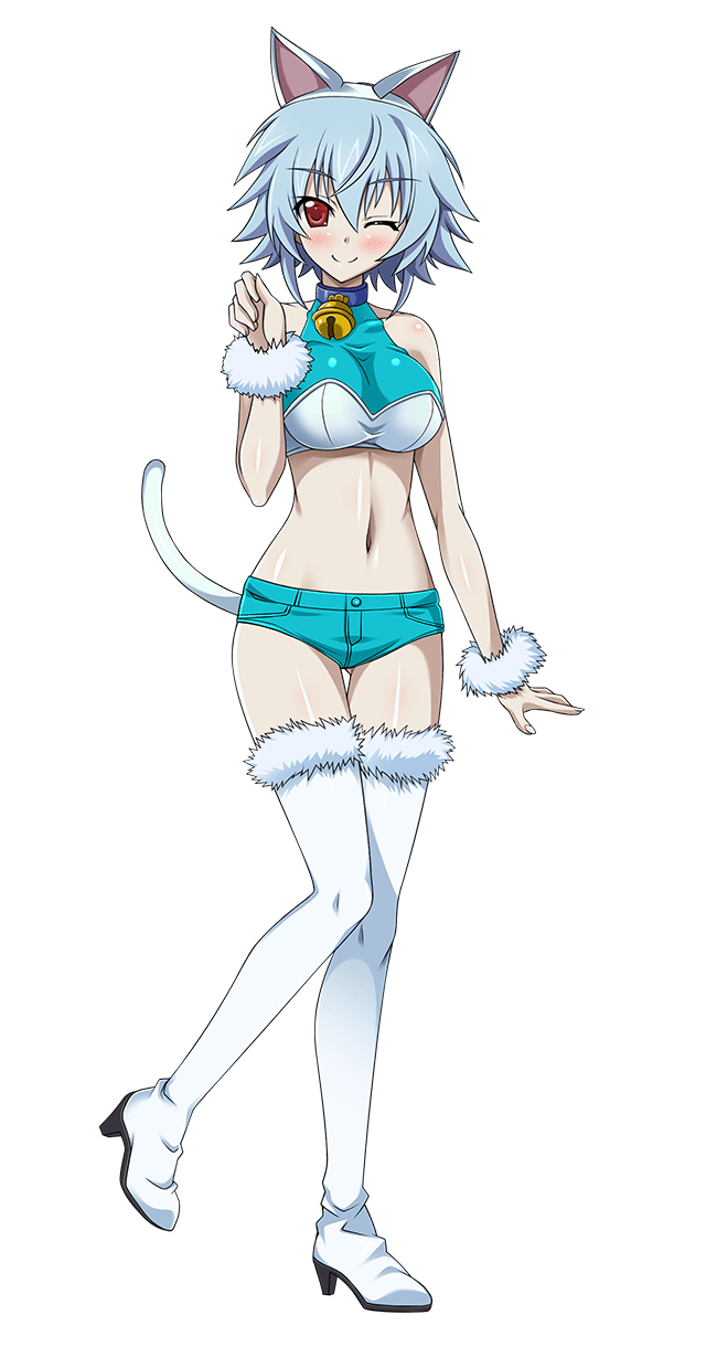 1girl animal_ears bell bell_collar blue_hair blue_shorts boots bra breasts cat...
