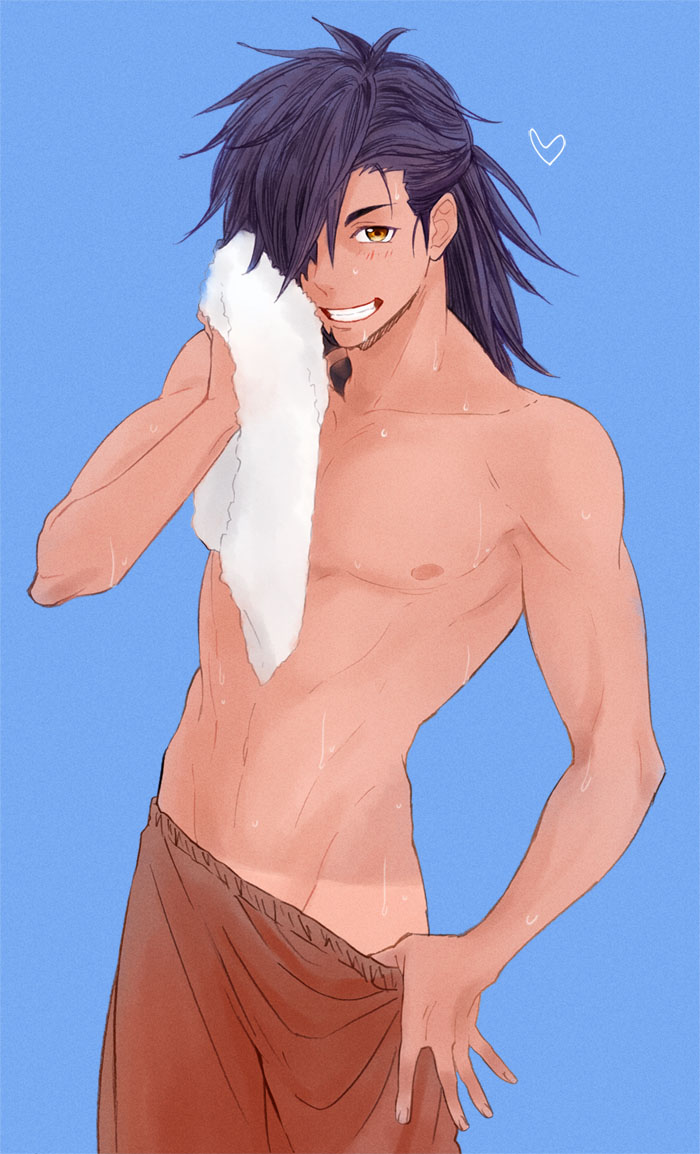 heart long_hair navel orange_eyes rokurou_rangetsu shirtless simple_backgro...