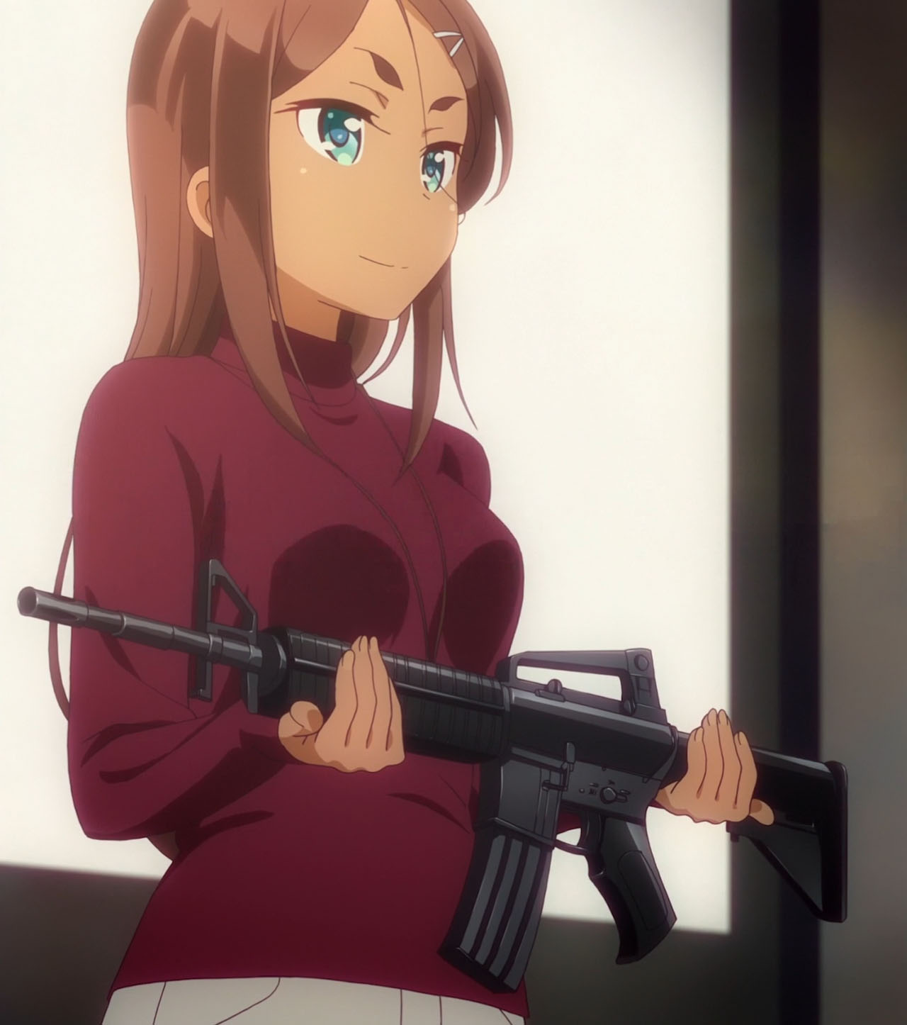 Safebooru 1girl Ahagon Umiko Ar 15 Assault Rifle Brown Hair Green