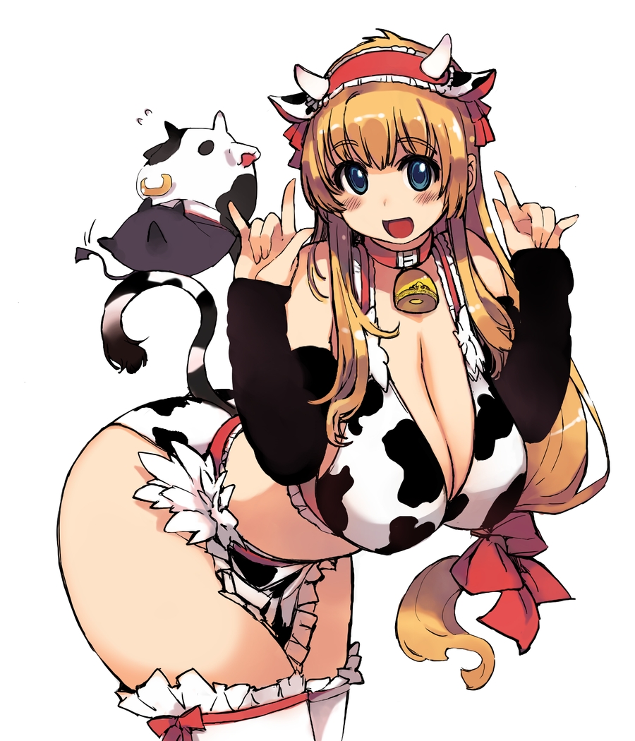 blonde_hair blue_eyes breasts cleavage collar cow cow_bell cow_costume cow_...