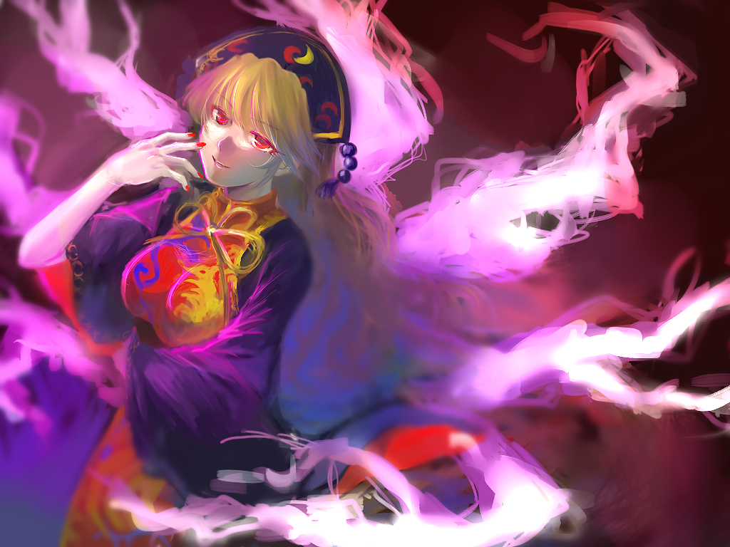 1girl blonde_hair breasts chinese_clothes energy glowing glowing_eyes hat j...