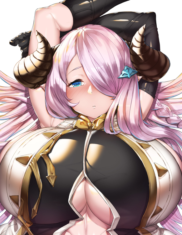 1girl arms_up blue_eyes breasts cation cleavage granblue_fantasy horns larg...