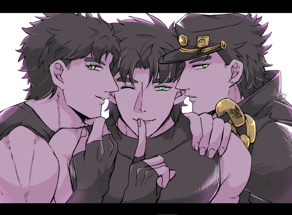 3boys black_hair chain finger_to_mouth green_eyes hinatong jojo_no_kimyou_n...