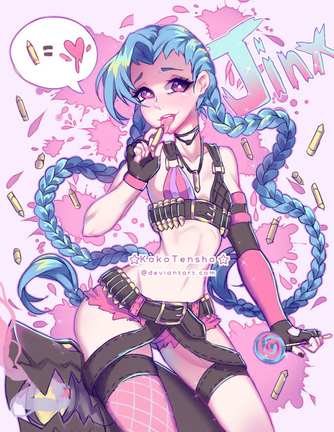 1girl blue_hair braid bullet candy heart jinx(league_of_legends)