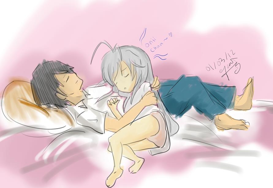 1boy 1girl age_difference barefoot bed brother_and_sister child closed_eyes...