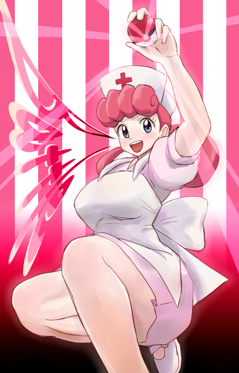 1girl blue_eyes breasts dress joy(pokemon) large_breasts nakaba nurse nurse_cap pink_...
