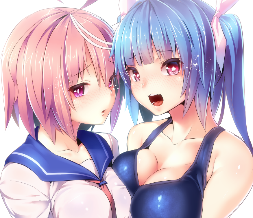 2girls asymmetrical_docking ayagi_daifuku bare_shoulders blue_hair blush br...