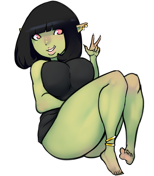 1girl feet goblin green_skin monster_girl pointy_ears red_eyes scathegrapes.