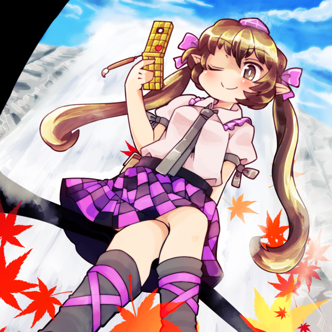 Safebooru 1girl Brown Hair Cellphone Checkered Checkered Skirt Geta Hair Ribbon Hat Himekaidou