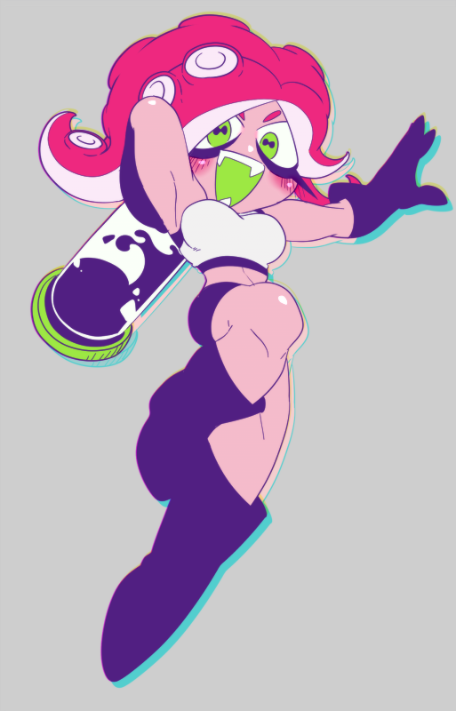 (splatoon) jumping limited_palette midriff octarian pink_hair simple_backgr...
