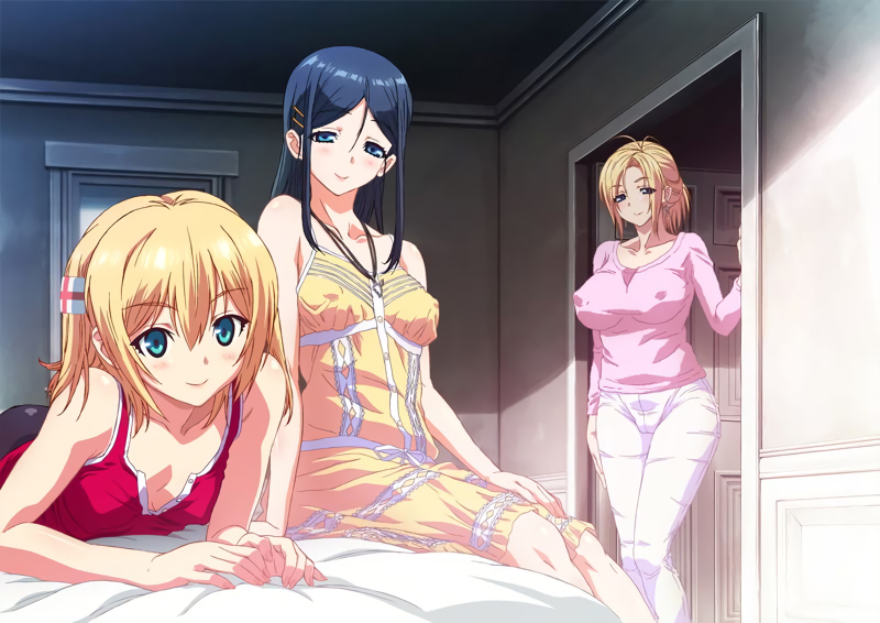 ...mother_and_daughter multiple_girls official_art on_bed on_stomach siblin...