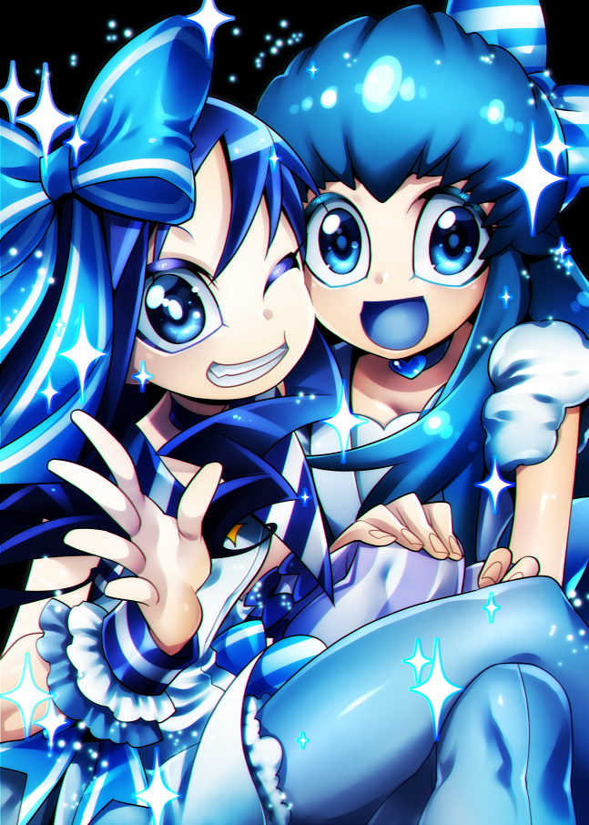 Safebooru - 2girls :d black background blue blue bow blue eyes blue ...