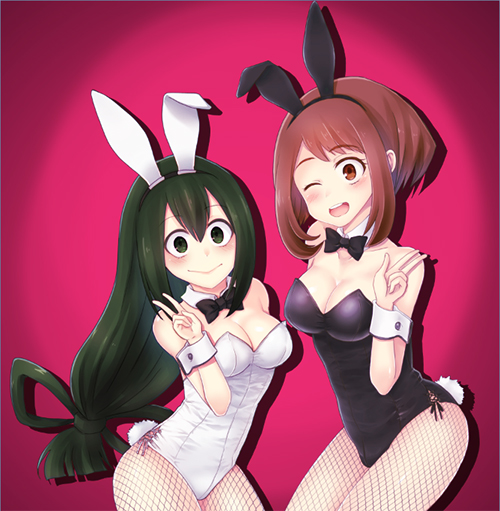 2girls asui_tsuyu boku_no_hero_academia breasts brown_hair bunny_tail bunny...