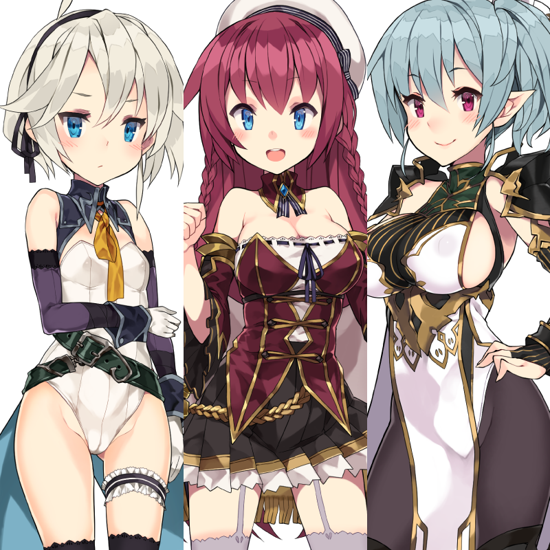 3girls ahoge armor bangs bare_shoulders belt black_legwear black_ribbon blu...