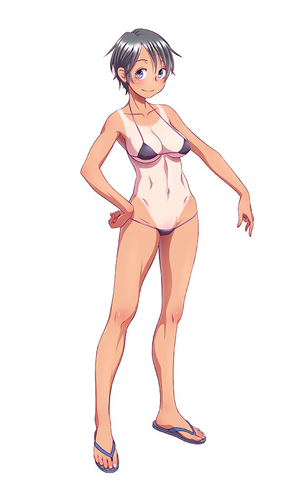 one-piece_tan sandals short_hair simple_background solo swimsuit tan tanlin...