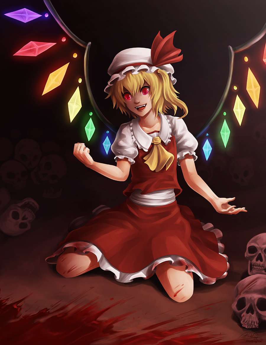 1girl :d ascot blonde_hair blood blood_splatter clenched_hand crystal fangs...