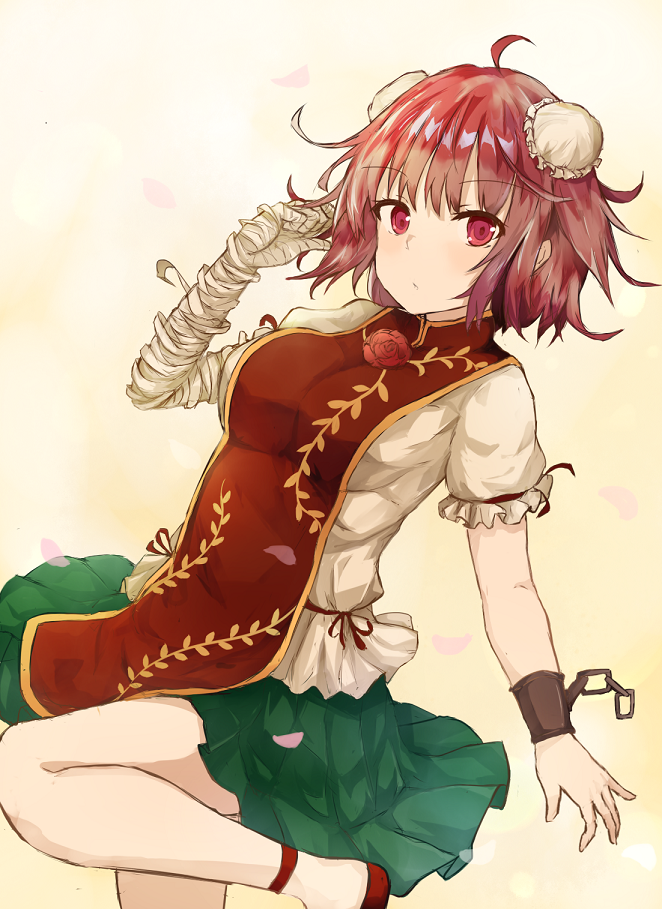 Safebooru 1girl Bandaged Arm Blush Bun Cover Double Bun Dutch Angle Flower Gradient Gradient 3343