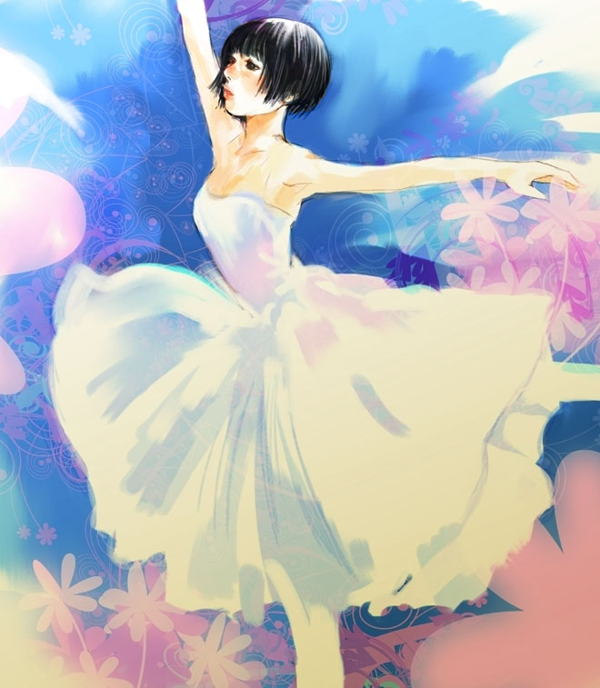 Safebooru Ballet Bare Shoulders Black Hair Brown Eyes Dress Flower