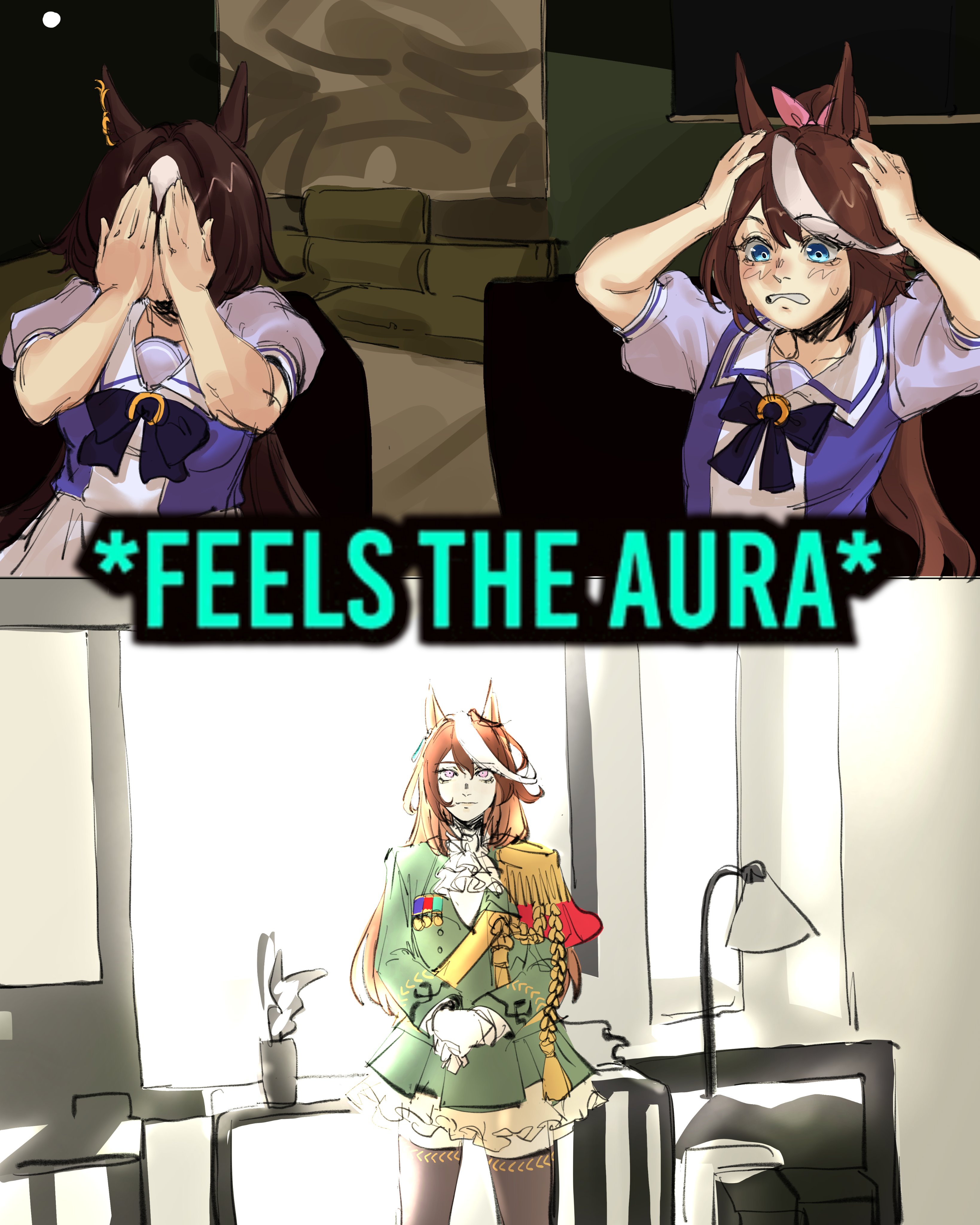 Safebooru - absurdres covering face feels the aura (meme) hands on own ...