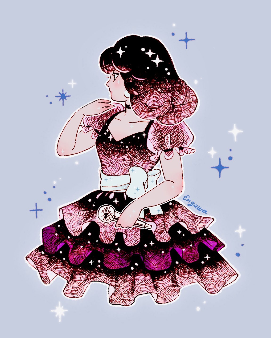 1girl artist_name blue_background choker closed_mouth dress earrings ...