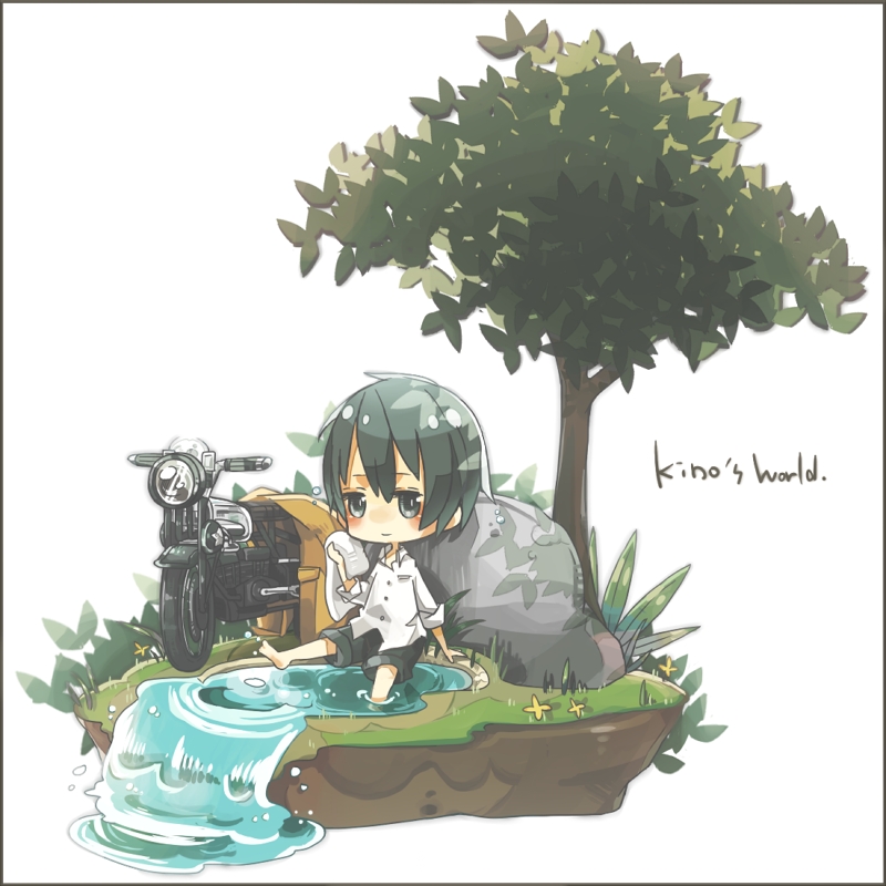 Safebooru 00s 1girl Androgynous Artist Request Barefoot Chibi Grass Ground Vehicle Hermes Kino