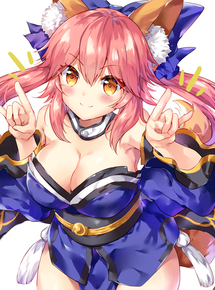 1girl animal_ears blue_ribbon bow breasts cleavage detached_sleeves fate/ex...