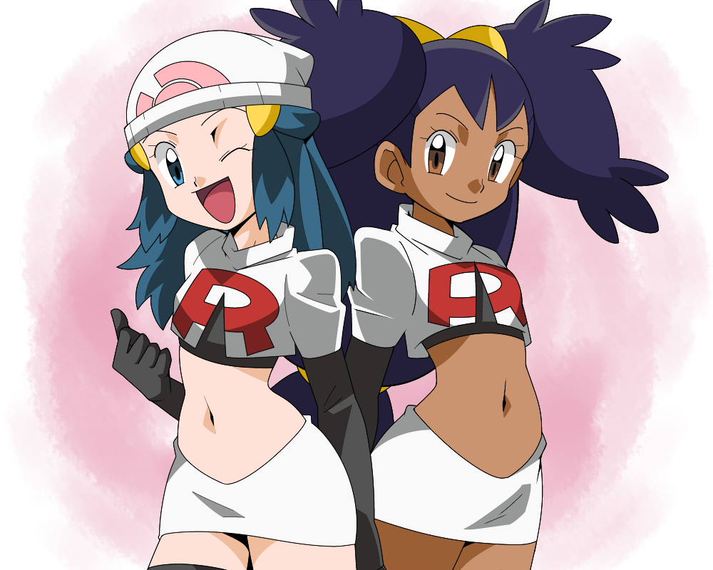(pokemon) iris(pokemon) multiple_girls navel nintendo pokemon team_rocket(c...