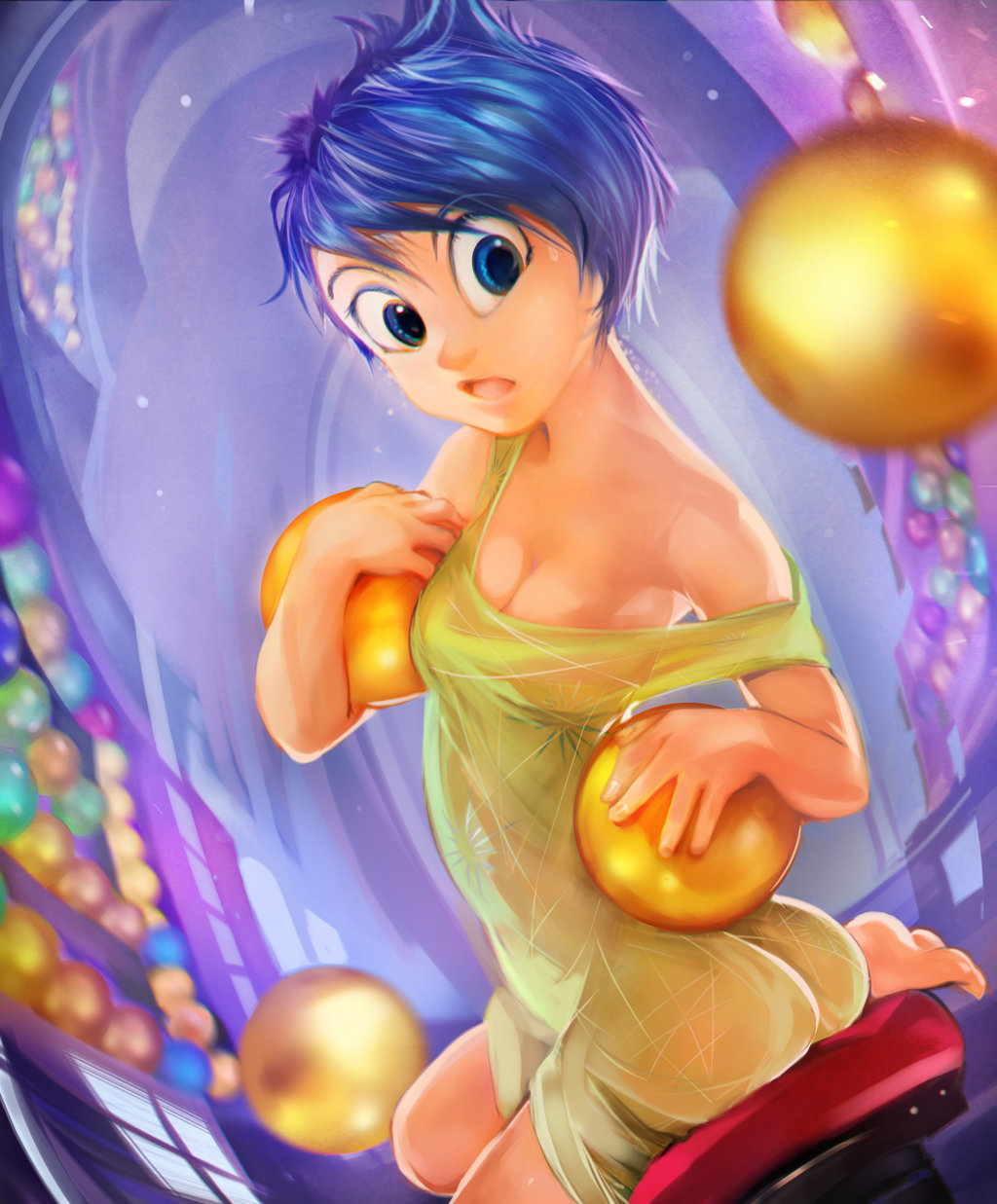 1girl ass ball barefoot blue_hair breasts cleavage disney dress inside_out ...